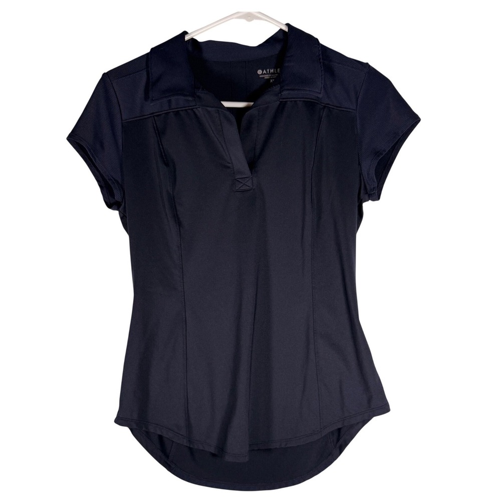 Athleta Womens Navy Blue Short Sleeve Mesh Back Polo Shirt XS tennis golf